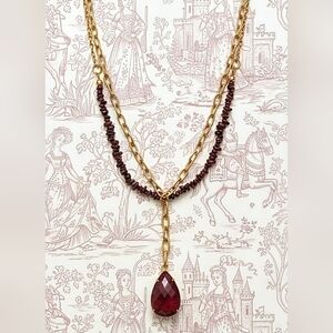 Natural Ruby Chips In 2-Strand Paperclip Necklace W/ Genuine Ruby Pendant